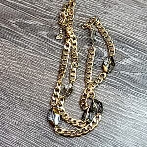 Crystal and Gold Curb Chain Stations Necklace 36 Inch